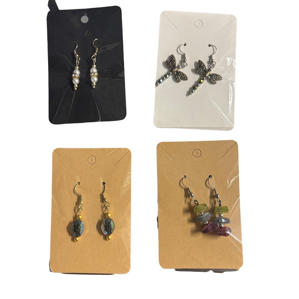 Lot of 4 Pairs Handmade Dangle Earrings Dragonfly Stone Pearl Glass Beaded Multi